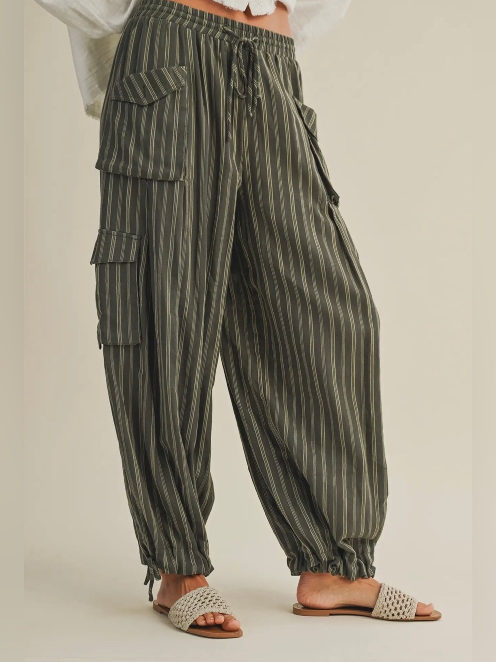 Mustard Seed Olive Striped Cargo Joggers